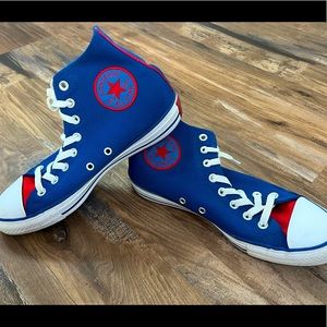 Red, white and blue high top converse